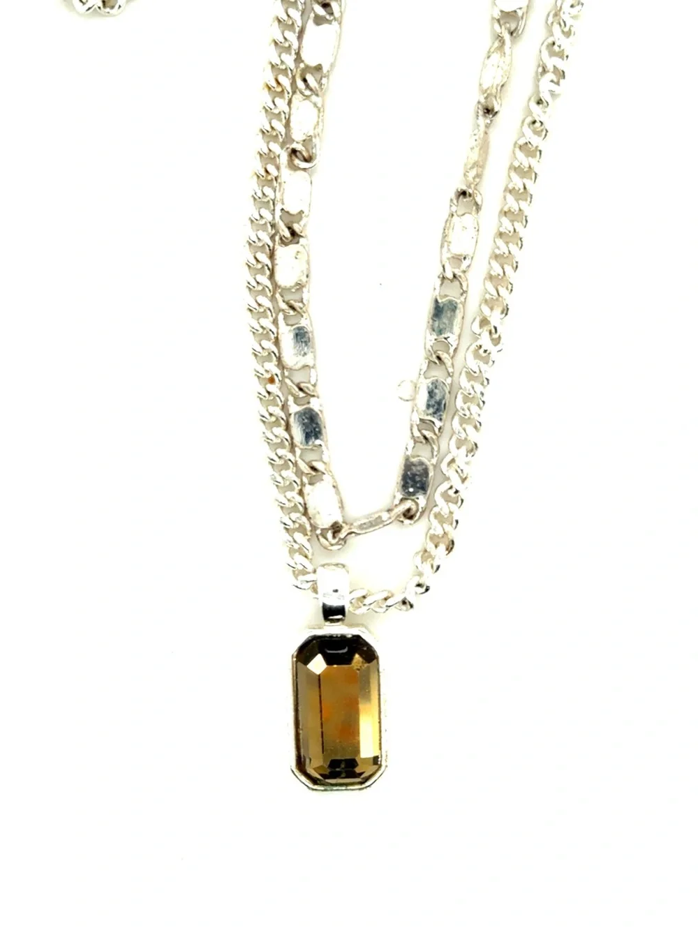 Silver‎ Tone Chains Necklace with Amber Glass Pendant (B1)